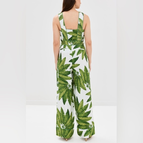 New Farm Rio Off White Palm Fan Leaves Jumpsuit Wide Leg Belted Tropical Vaca - Picture 2 of 7